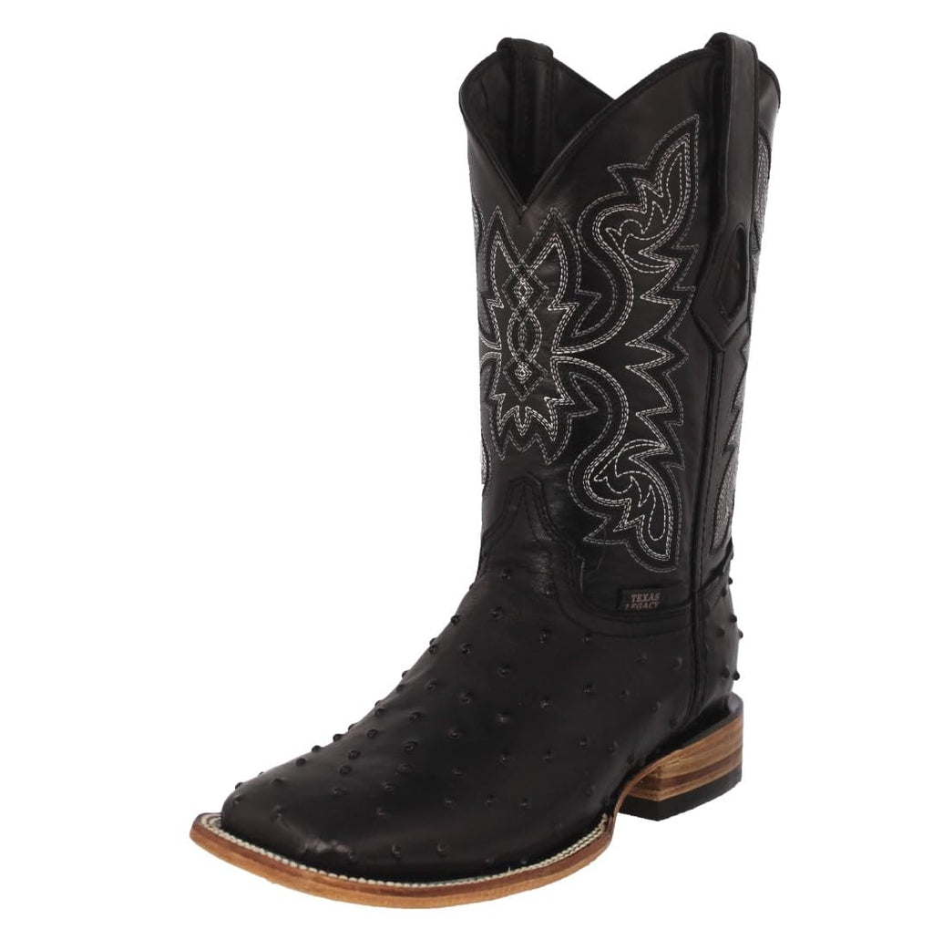 Black Ostrich Quill Print Leather Square Toe Cowboy Boots F321250