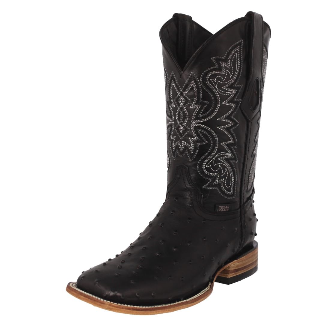 Black Ostrich Quill Print Leather Square Toe Cowboy Boots F321250