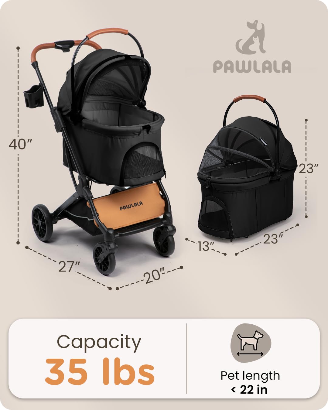 Foldable Pet Stroller with Detachable Carrier, Midnight Black Q933
