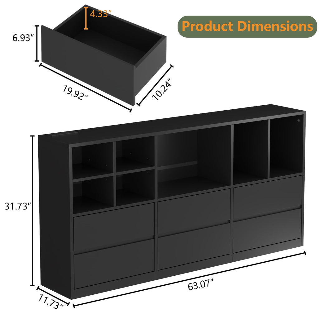 Black 6 Drawers Dresser with Cubbies S5130
