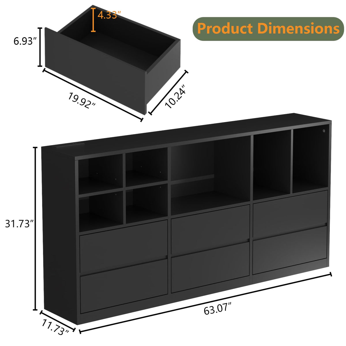 Black 6 Drawers Dresser with Cubbies S5130