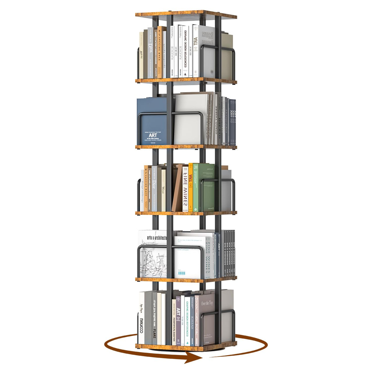 5-Tier Rotating Bookshelf with Metal Guardrails X700