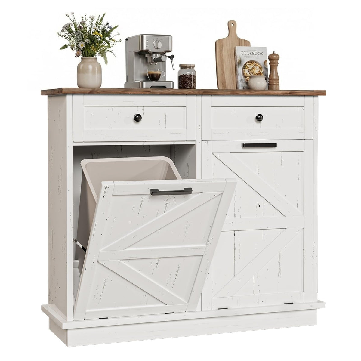 White Double 10-Gallon Tilt Out Trash Can Cabinet with Drawer L943