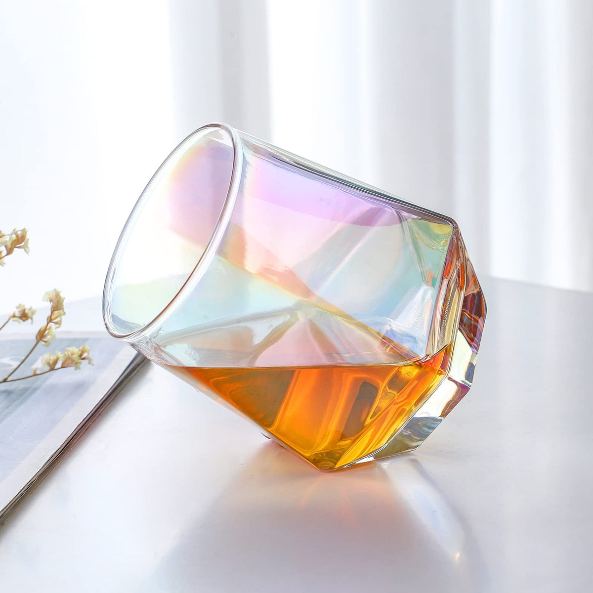 Stemless Wine Glasses Set of 6, 10 Oz Iridescent Diamond Shaped Glassware D262742