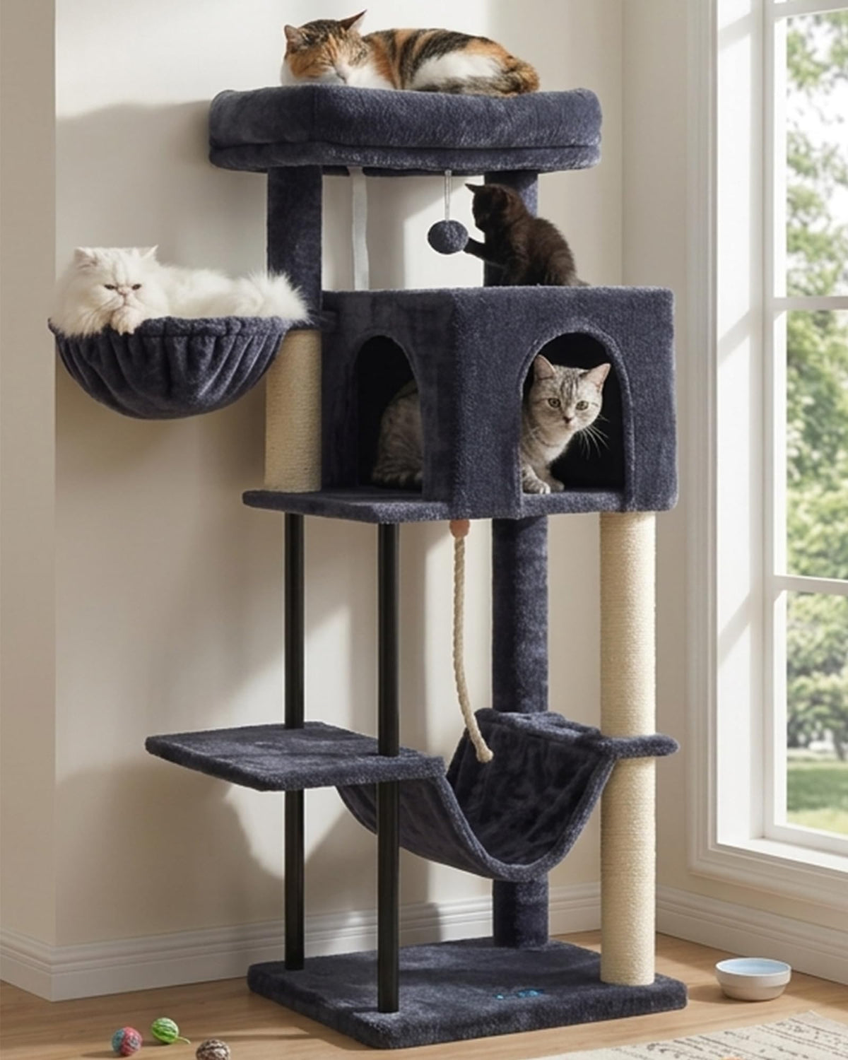 43.3 inch Smoky Gray Cat Tree with Hammock and Scratching Post D555