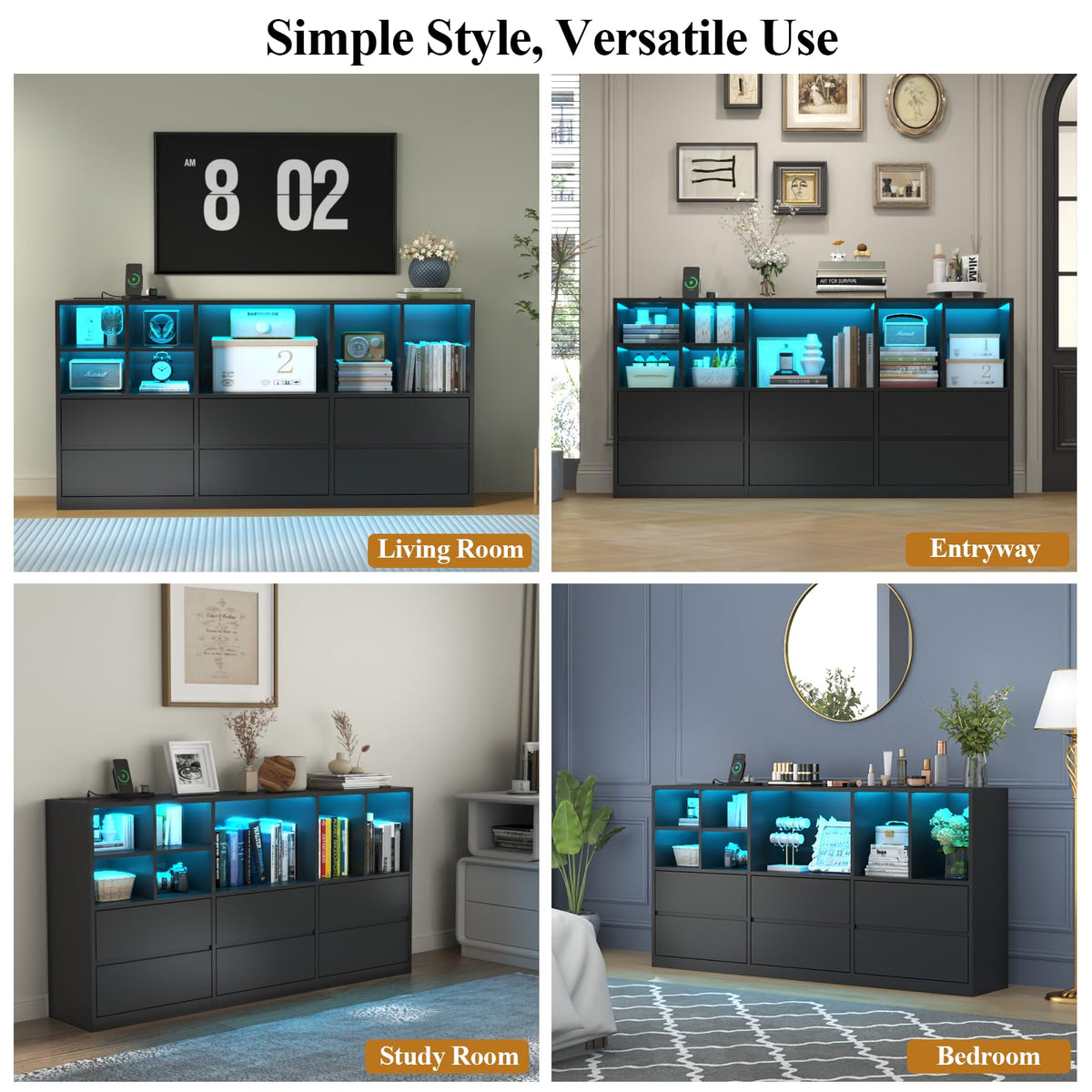 Black 6 Drawers Dresser with Cubbies S5130