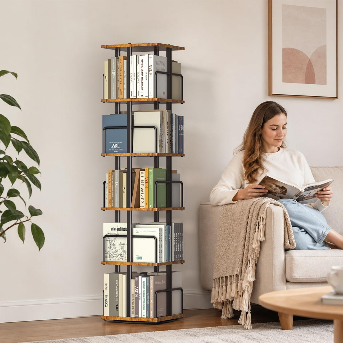 5-Tier Rotating Bookshelf with Metal Guardrails X700