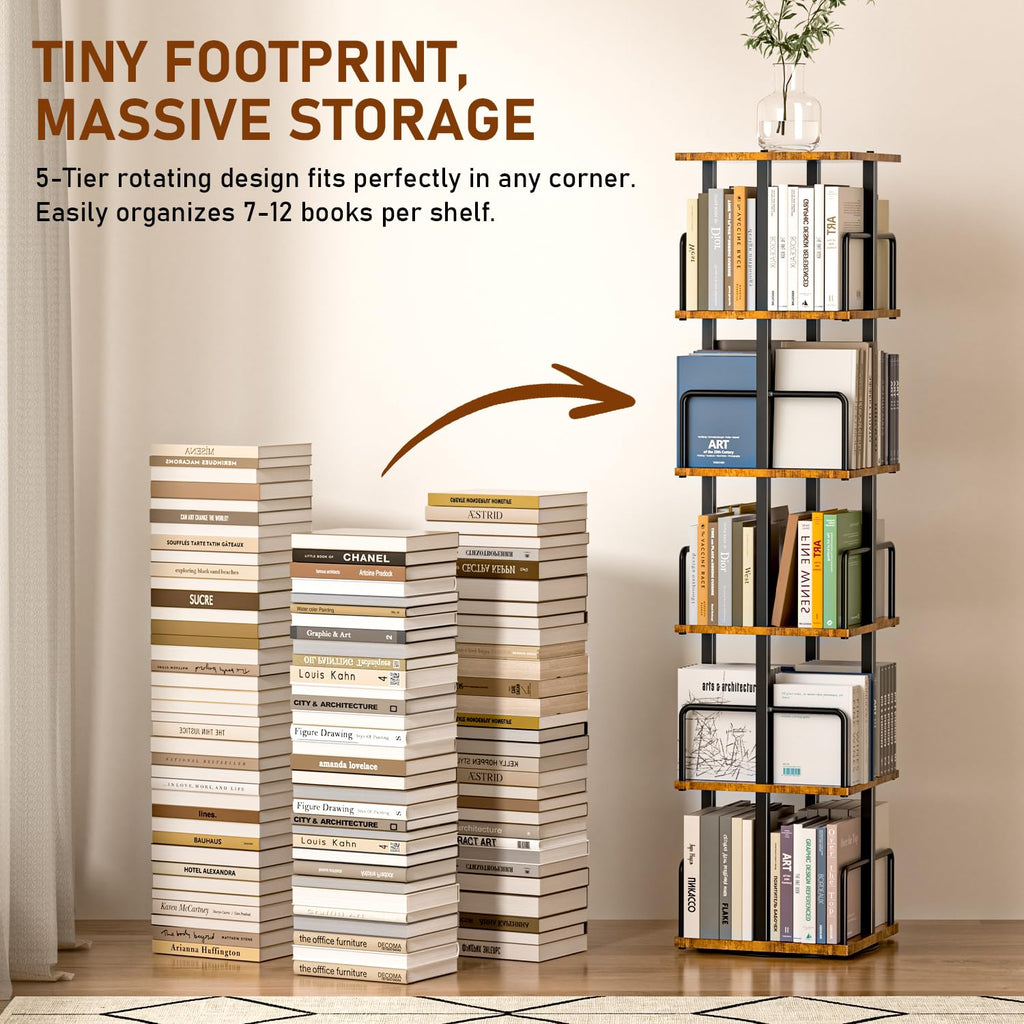 5-Tier Rotating Bookshelf with Metal Guardrails X700