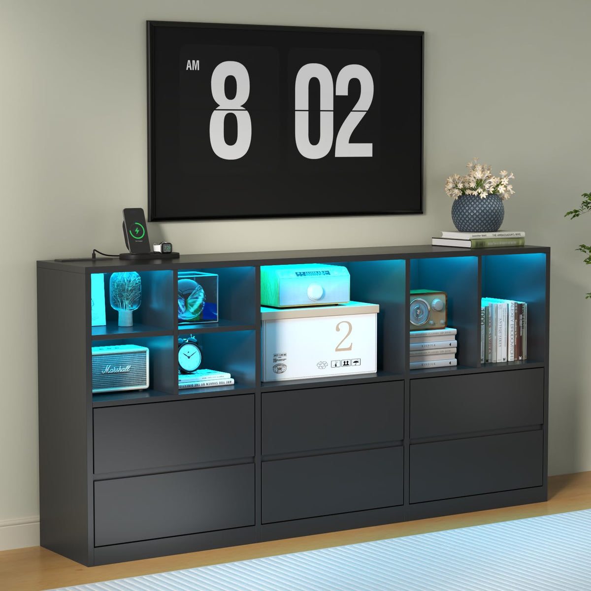 Black 6 Drawers Dresser with Cubbies S5130