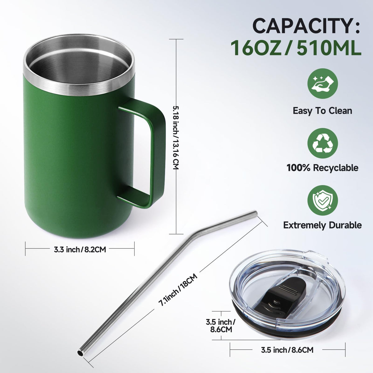 16oz Insulated Stainless Steel Coffee Mug with Lid and Straw Q2487