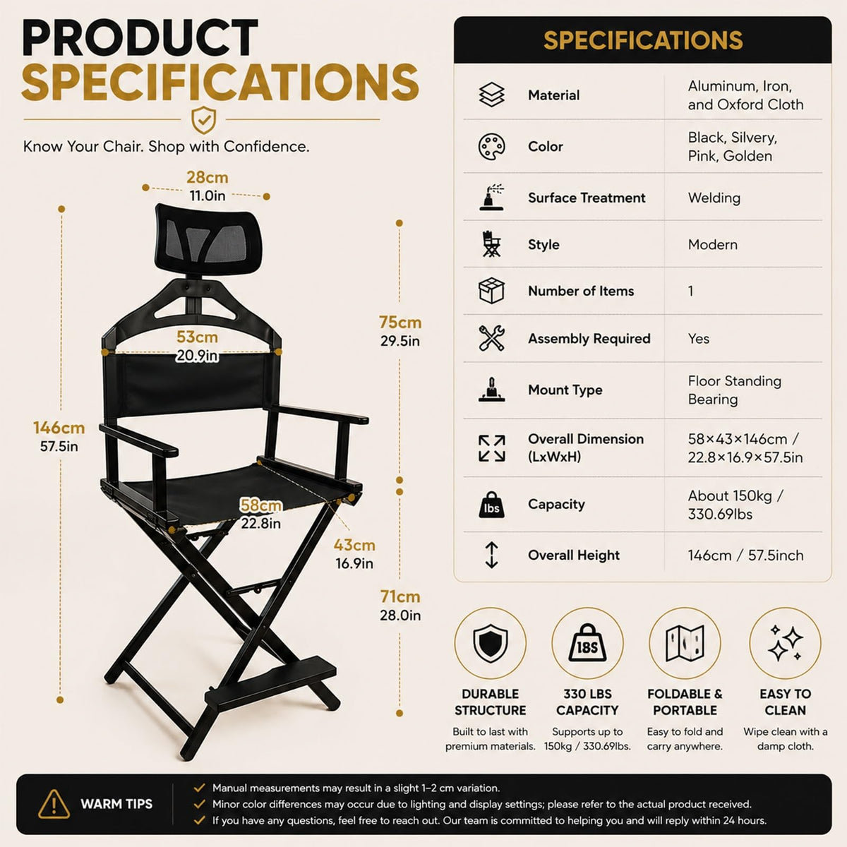 Extra Tall Height Adjustable Folding Makeup Artist Chair S996