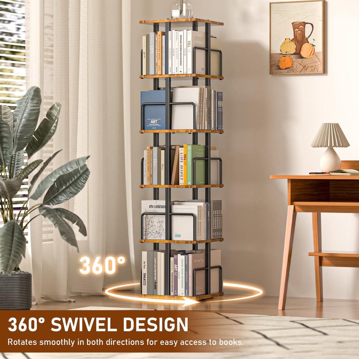 5-Tier Rotating Bookshelf with Metal Guardrails X700