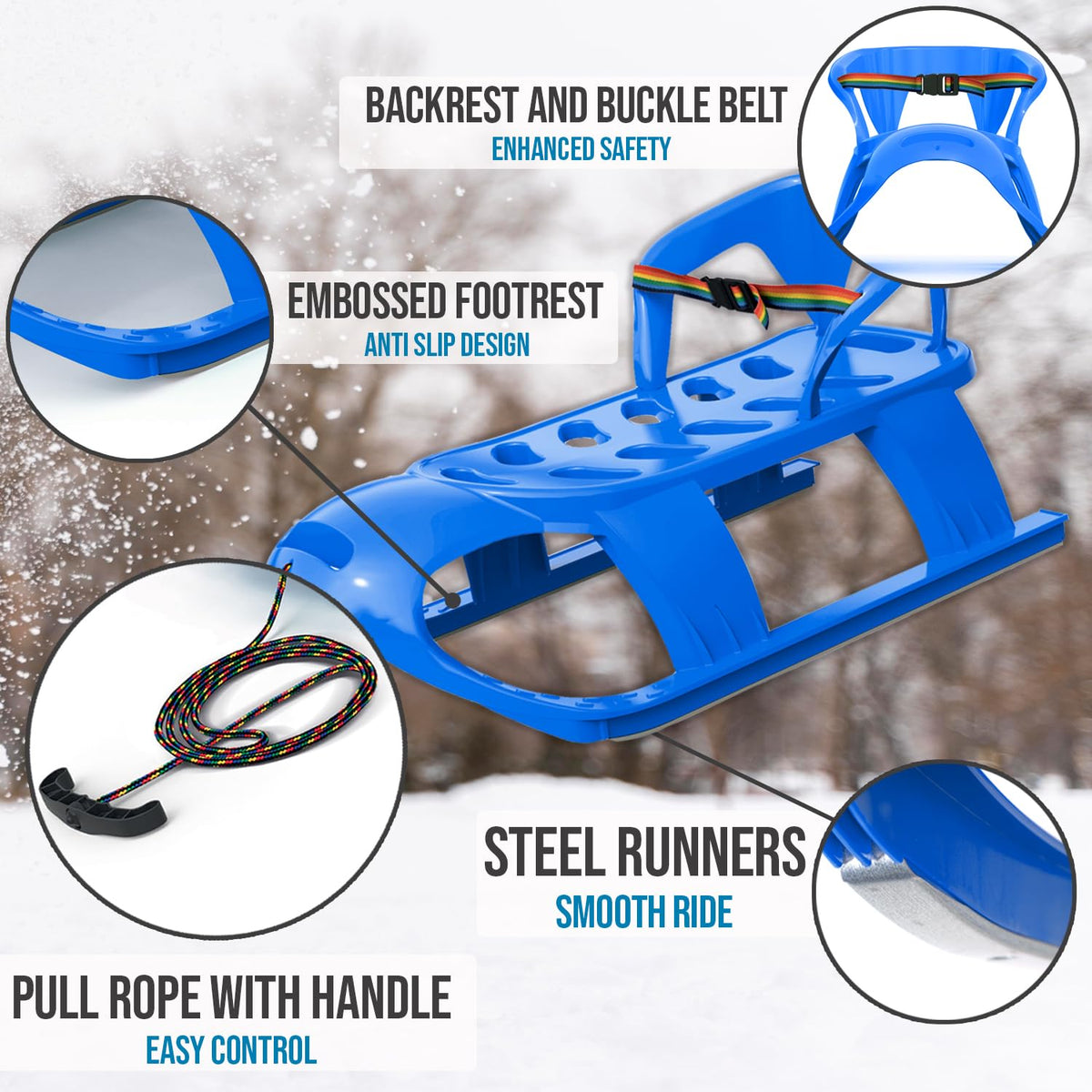 Snow Sled with Pull Rope, Backrest and Safety Belt L1399