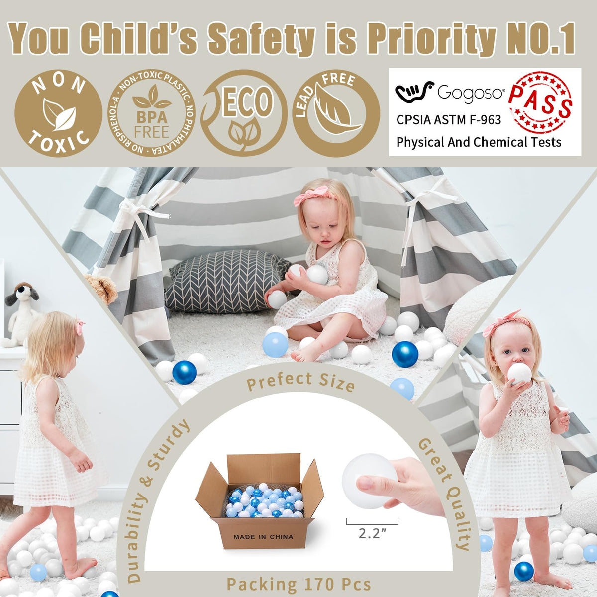 Crush Proof Non-Toxic Plastic Balls 170pcs 2.2inchs J4986