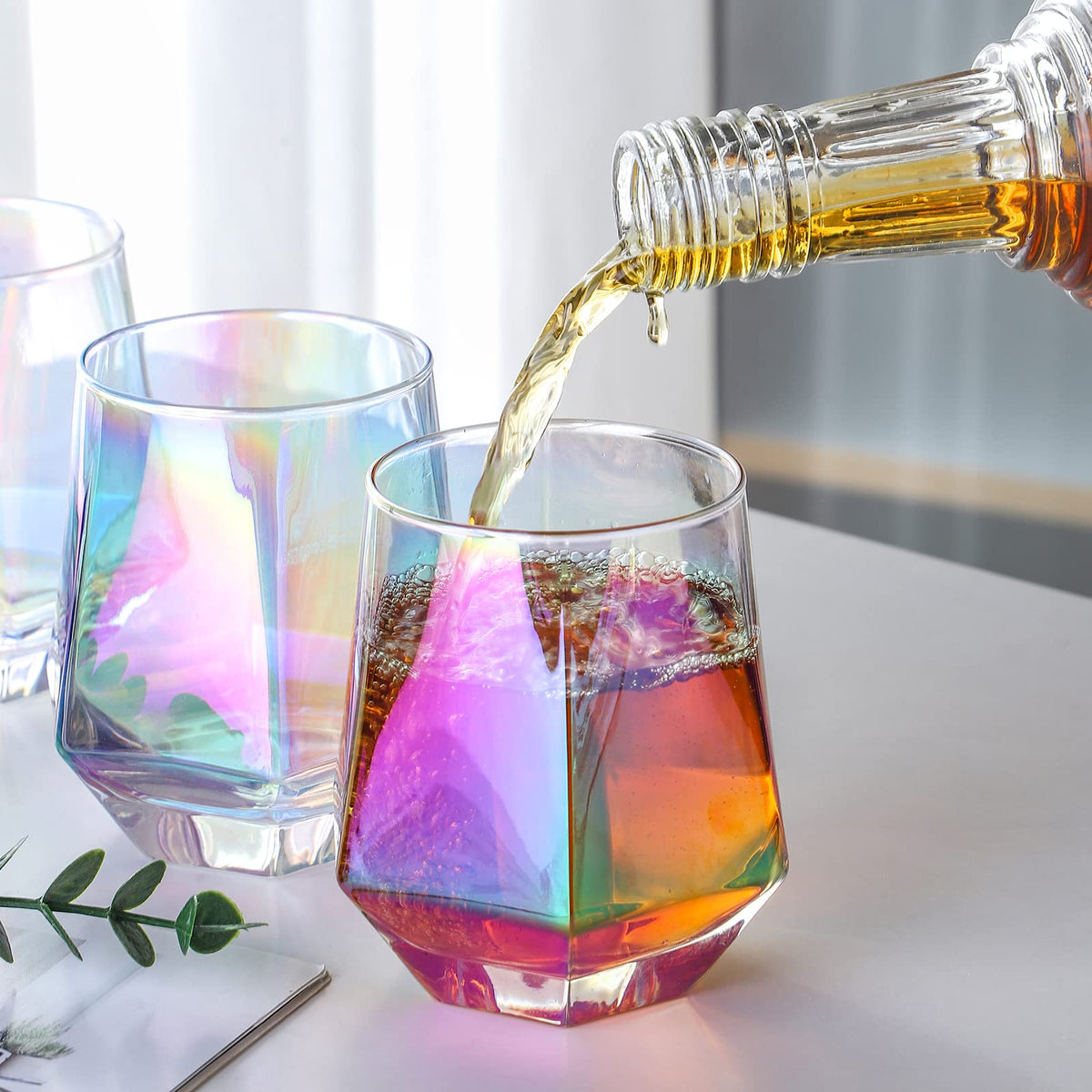 Stemless Wine Glasses Set of 6, 10 Oz Iridescent Diamond Shaped Glassware D262742
