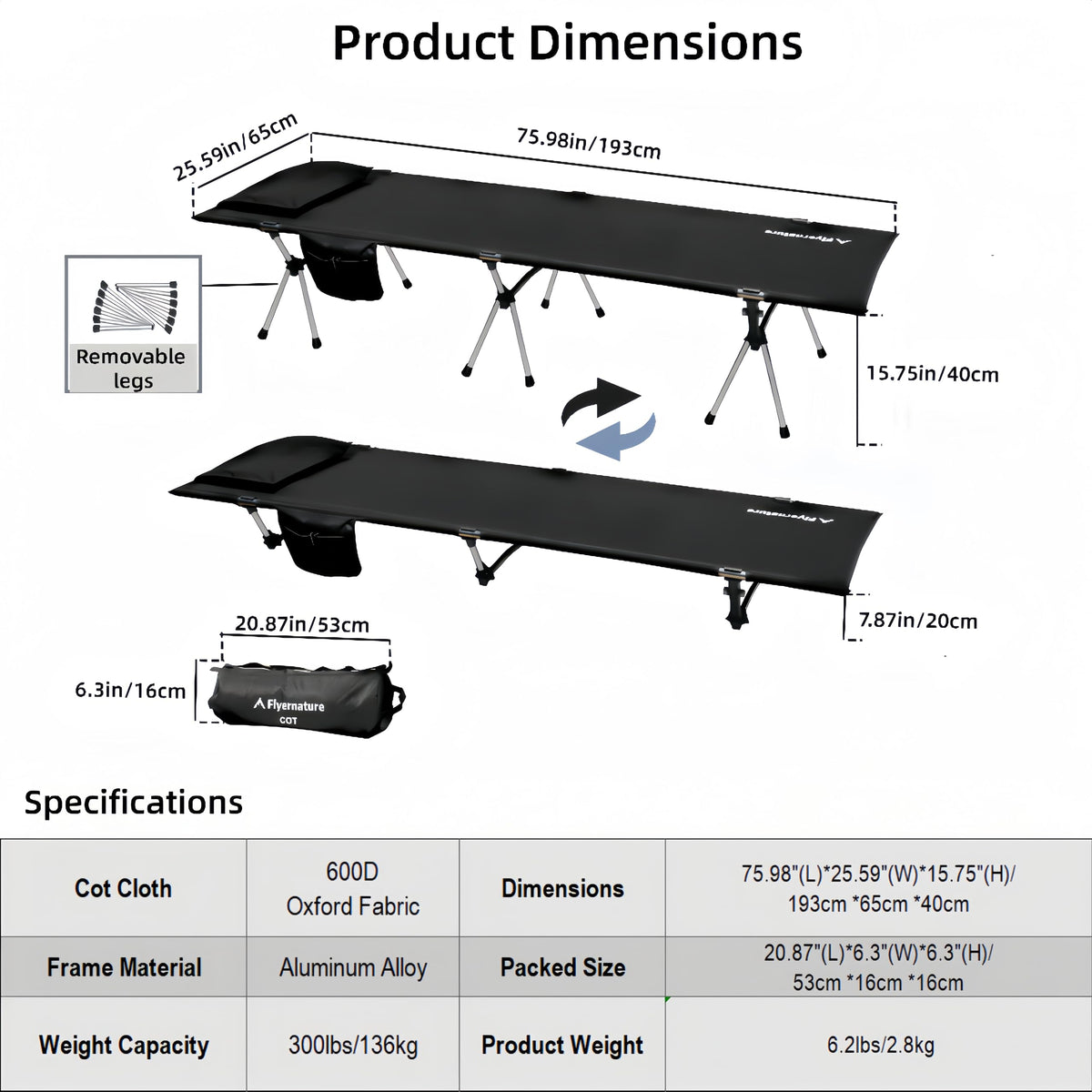 Lightweight Foldable Camping Cot 300 lbs Capacity V850690