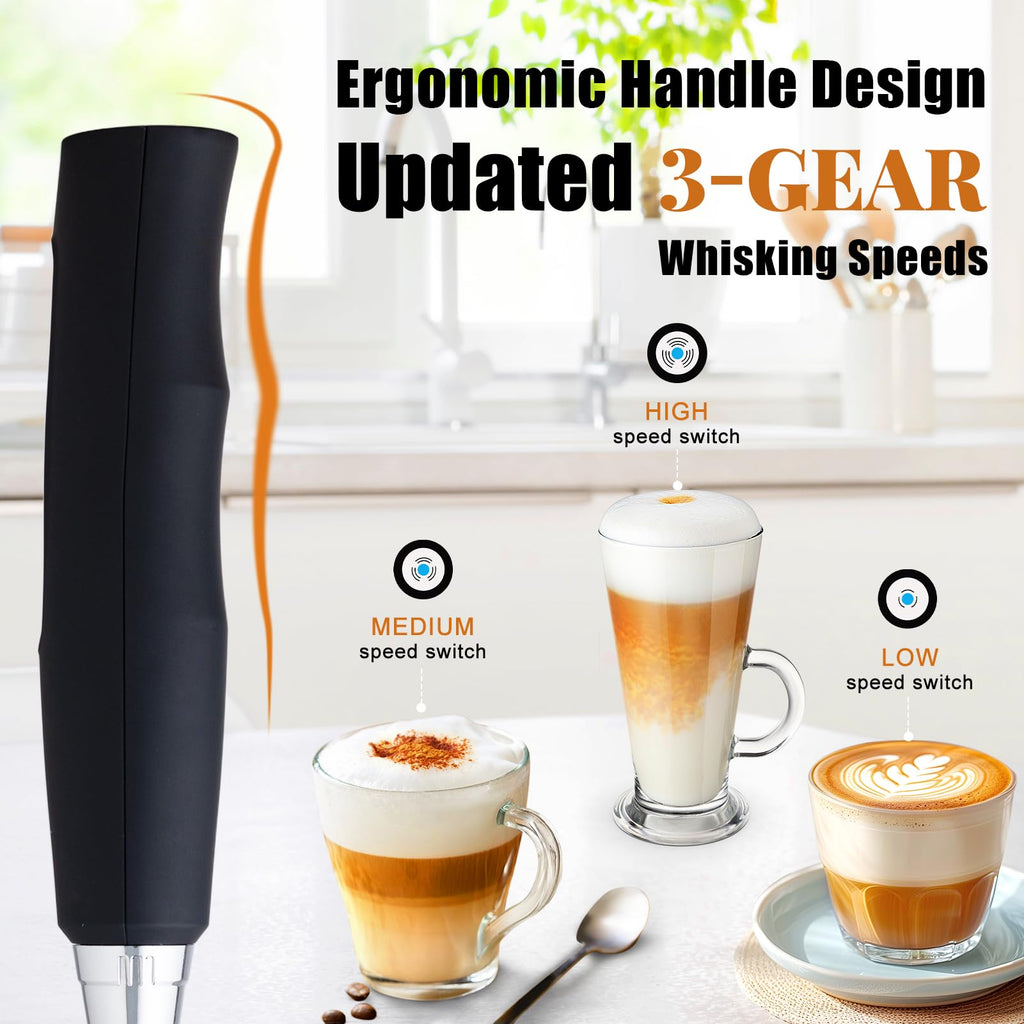 Black Rechargeable Handheld Milk Frother with 3 Heads 3 Speeds P912
