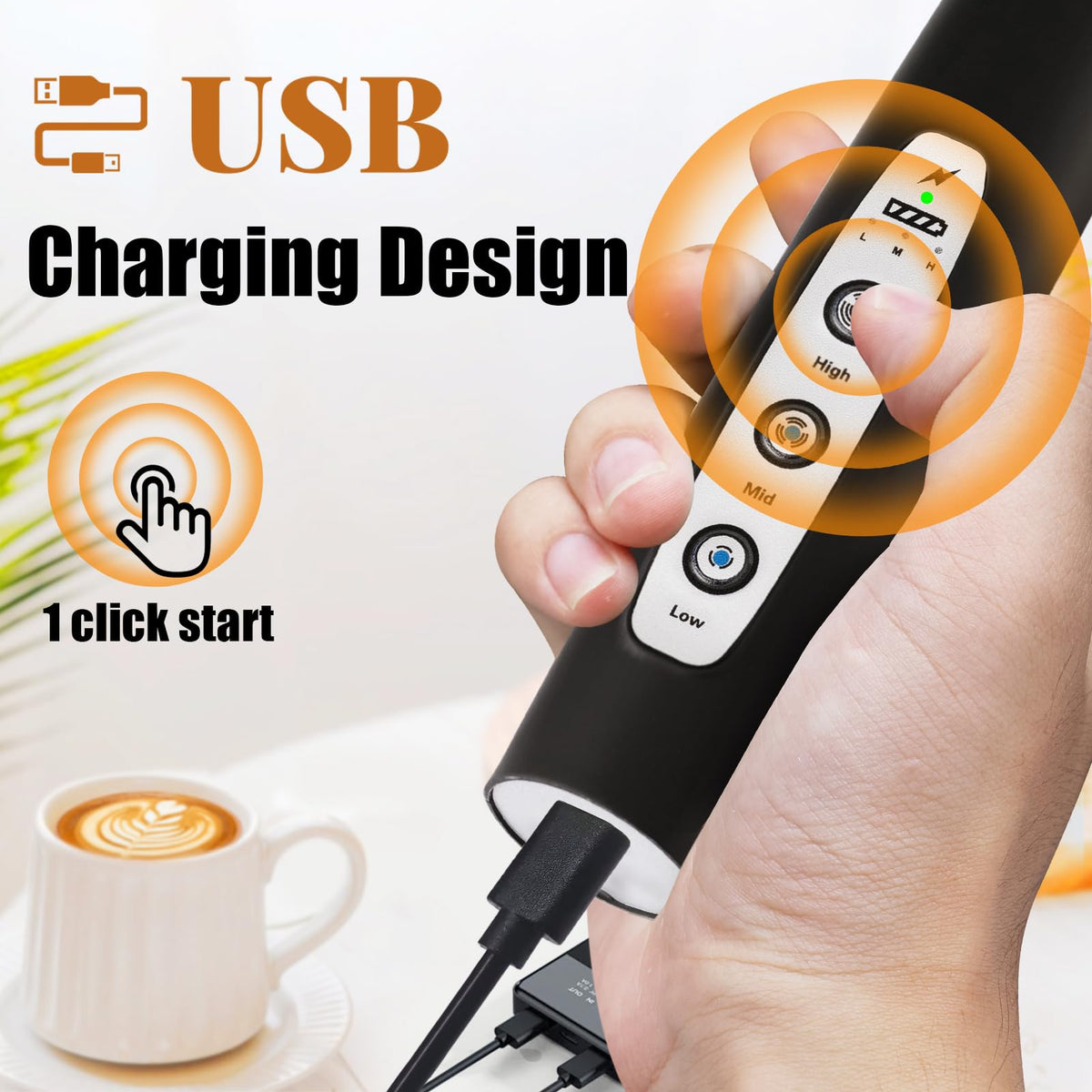 Black Rechargeable Handheld Milk Frother with 3 Heads 3 Speeds P912