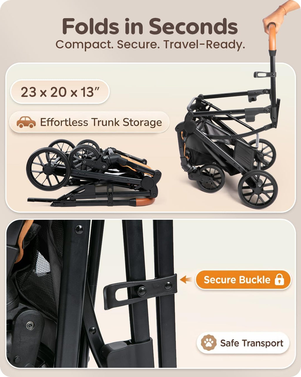 Foldable Pet Stroller with Detachable Carrier, Midnight Black Q933