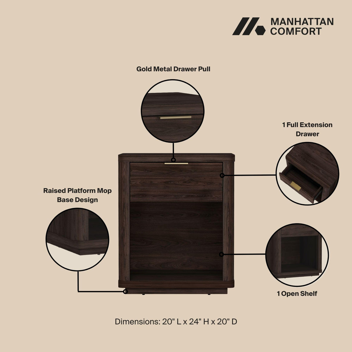 Brown Set of 2 Nightstands with Drawer and Open Shelf H7519