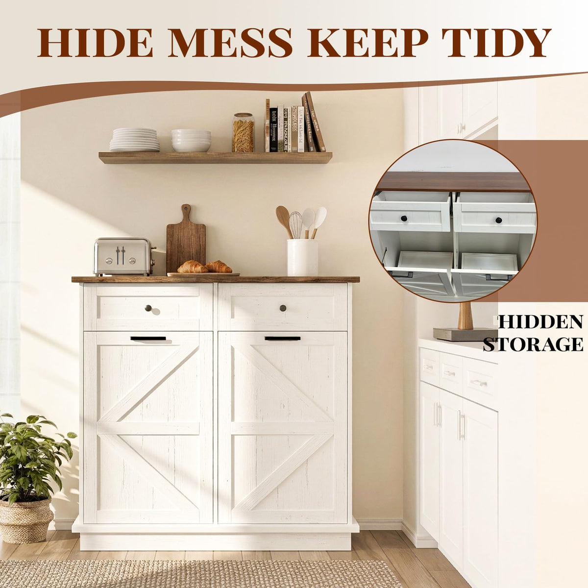 White Double 10-Gallon Tilt Out Trash Can Cabinet with Drawer L943