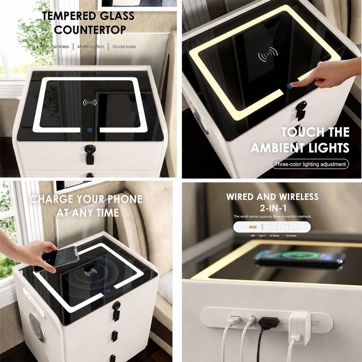 Wireless Charging Nightstand with Fingerprint Lock L1765