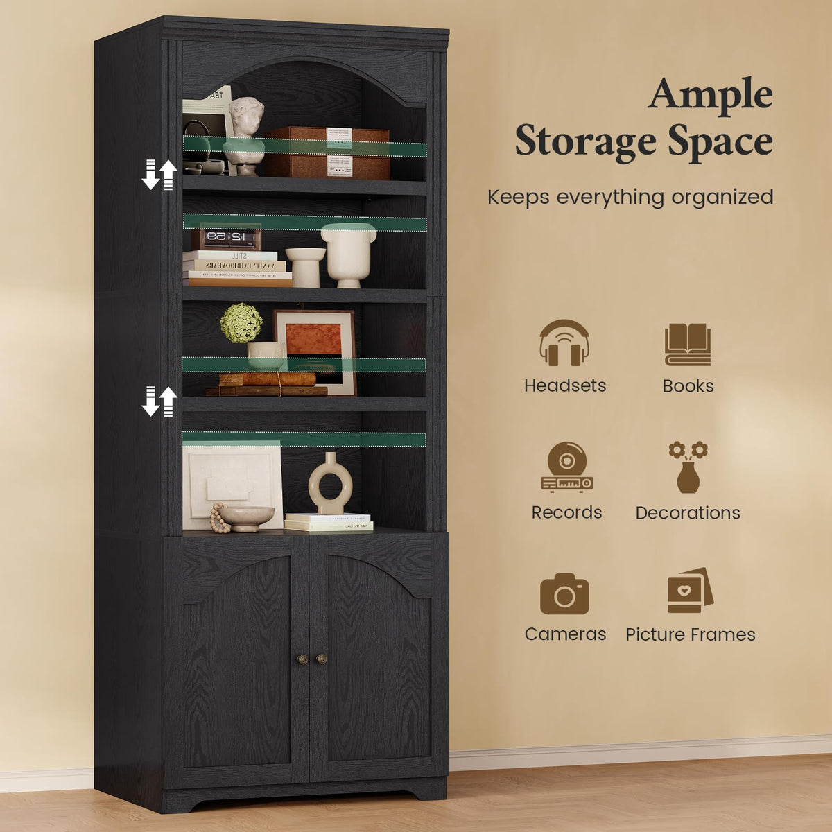 81"x31.4" Arched Bookcase with Adjustable Shelves & Doors X6917