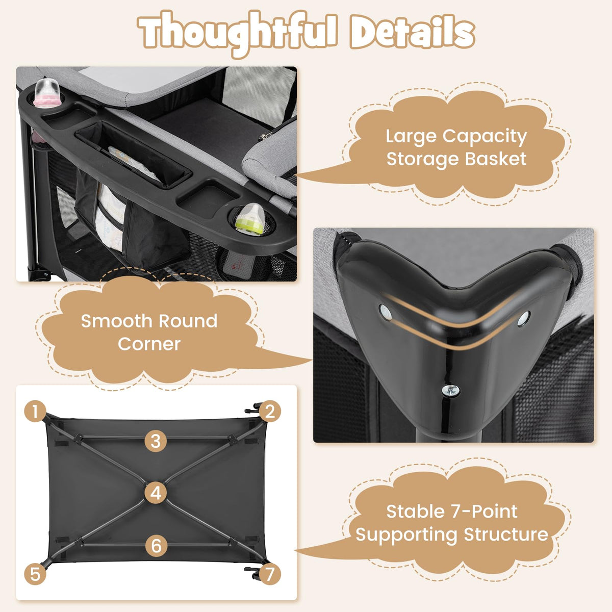 4 in 1 Pack and Play Portable Baby Playard with Changing Table Bassinet Mattress Carry Bag I1001