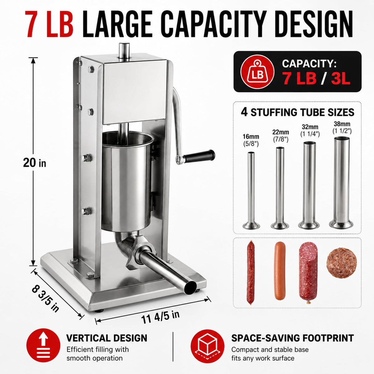 7 LB Vertical 2-Speed Stainless Steel Sausage Stuffer F724