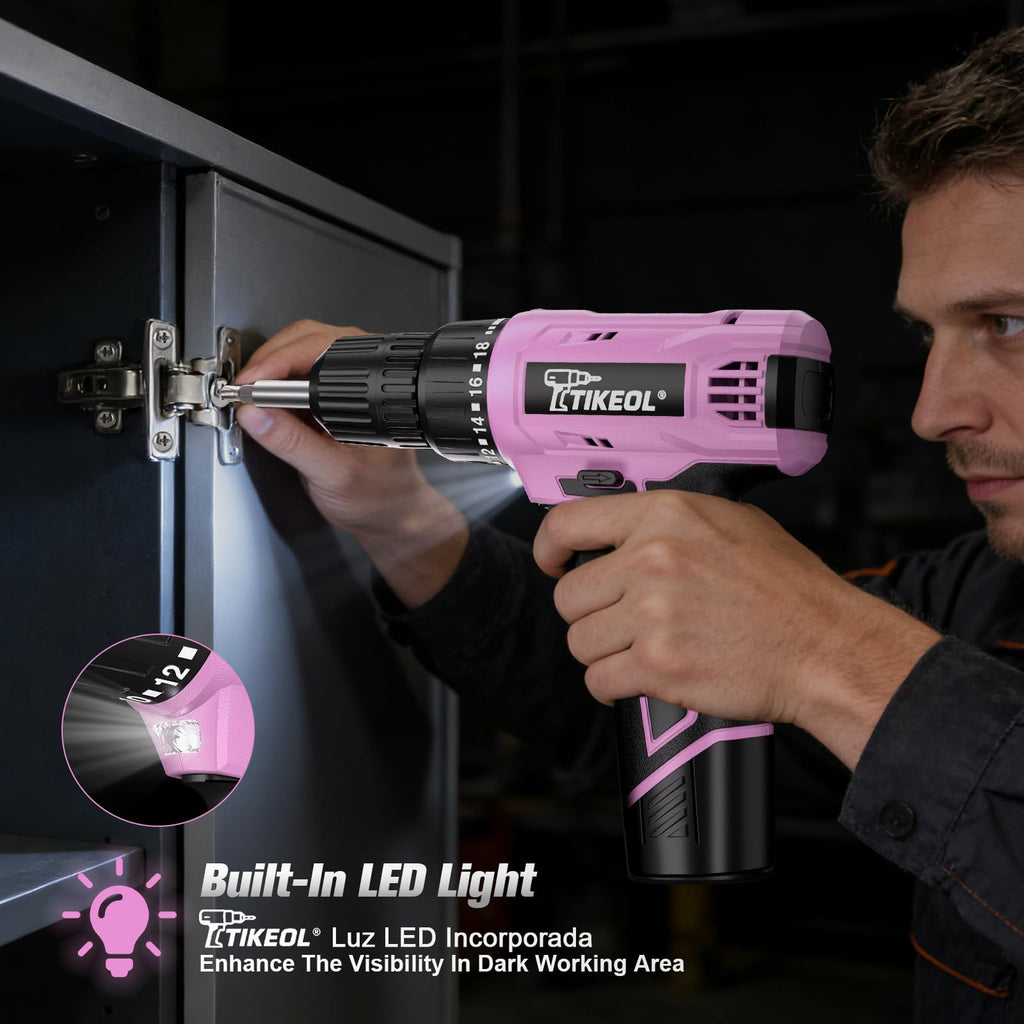 12V Cordless Drill Set with Battery & Charger, 180 In-lbs Torque, 3/8" Keyless Chuck, Pink C52441
