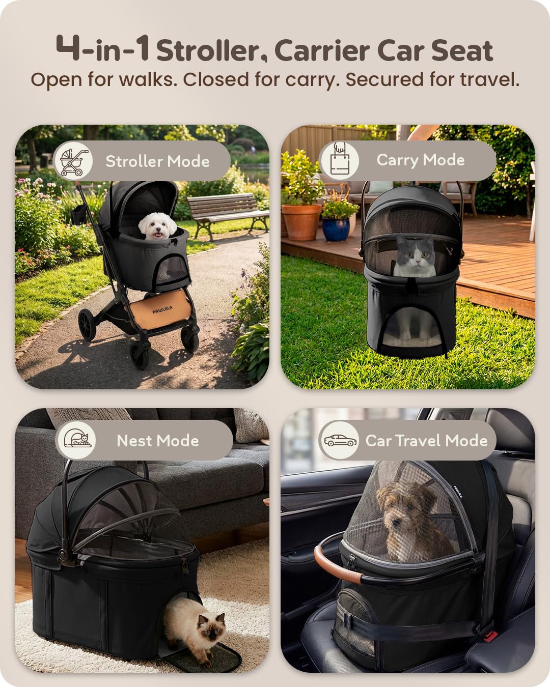 Foldable Pet Stroller with Detachable Carrier, Midnight Black Q933