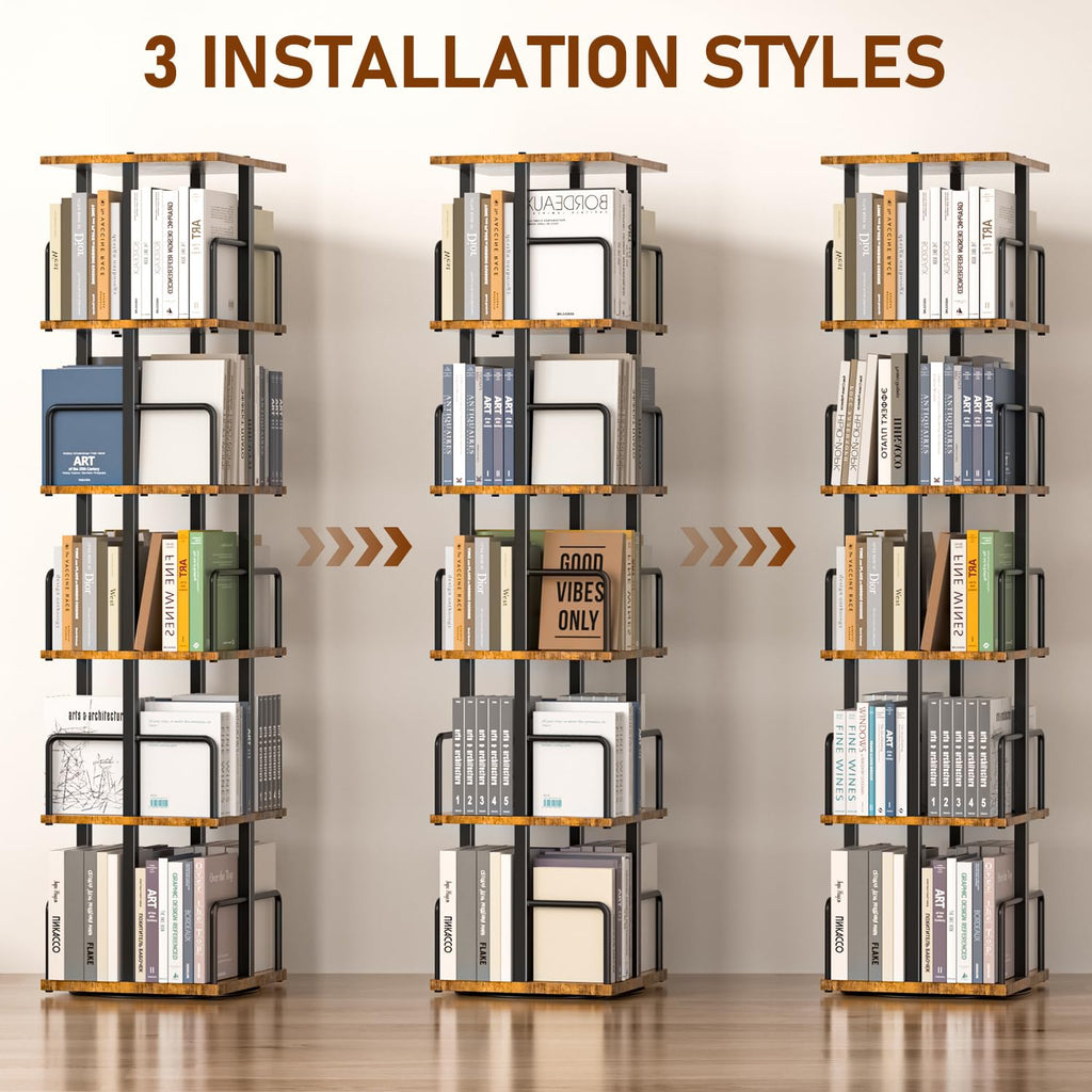 5-Tier Rotating Bookshelf with Metal Guardrails X700