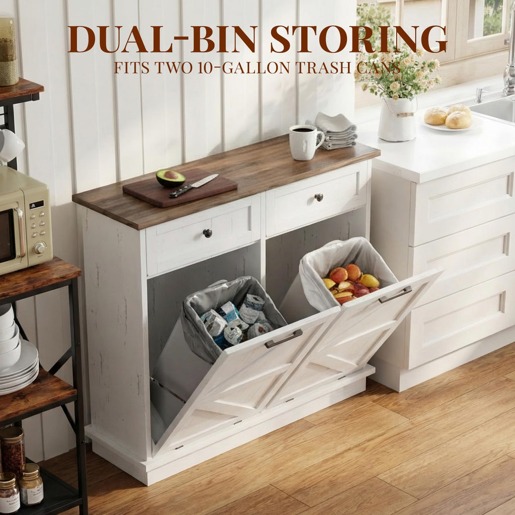 White Double 10-Gallon Tilt Out Trash Can Cabinet with Drawer L943