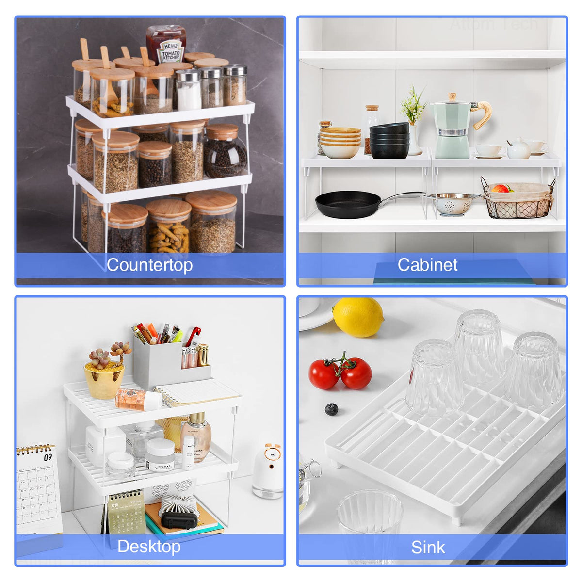 4-Pack Stackable Plastic Kitchen Storage Shelf Foldable Rack White R2551