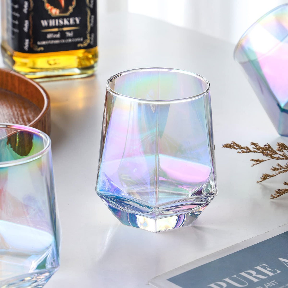 Stemless Wine Glasses Set of 6, 10 Oz Iridescent Diamond Shaped Glassware D262742