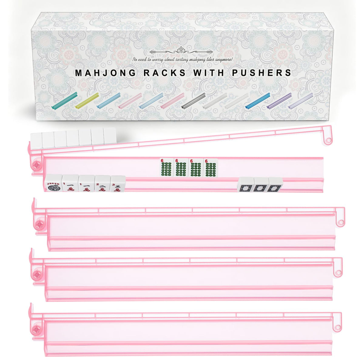 Clear Mahjong Racks with Pushers, 4-Pack Non-Slip Acrylic T2432