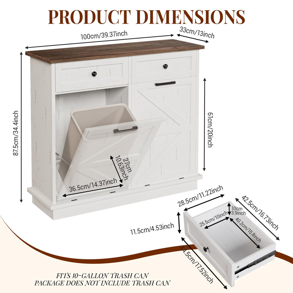 White Double 10-Gallon Tilt Out Trash Can Cabinet with Drawer L943