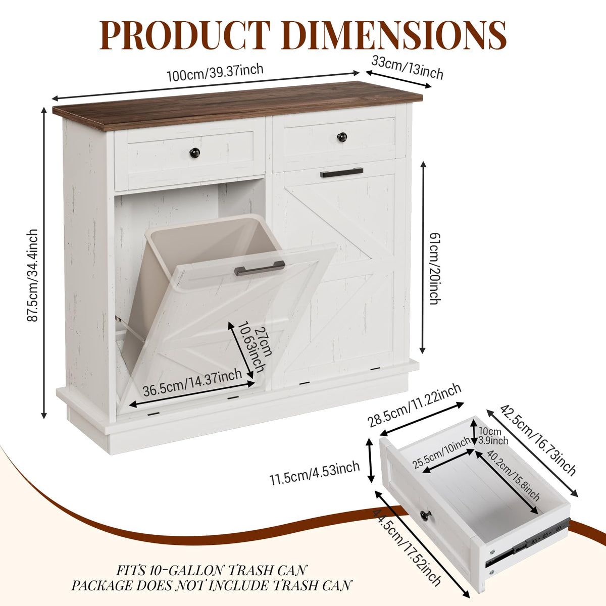 White Double 10-Gallon Tilt Out Trash Can Cabinet with Drawer L943