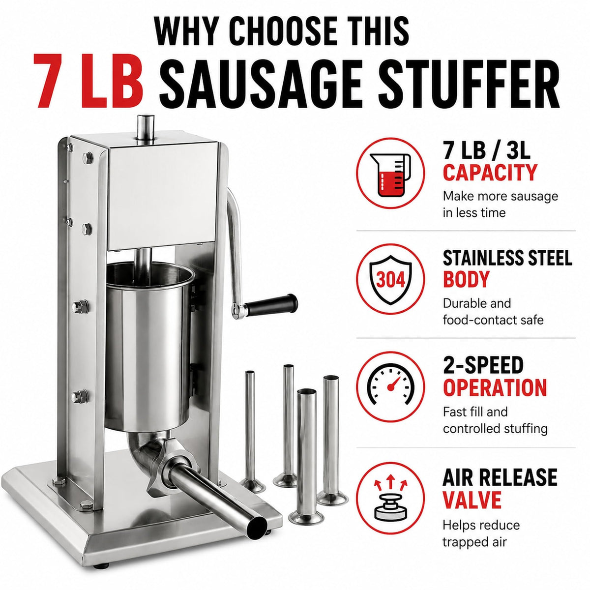 7 LB Vertical 2-Speed Stainless Steel Sausage Stuffer F724