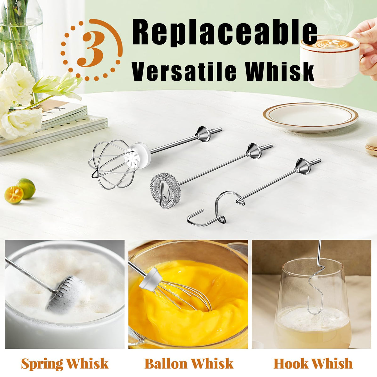 Black Rechargeable Handheld Milk Frother with 3 Heads 3 Speeds P912