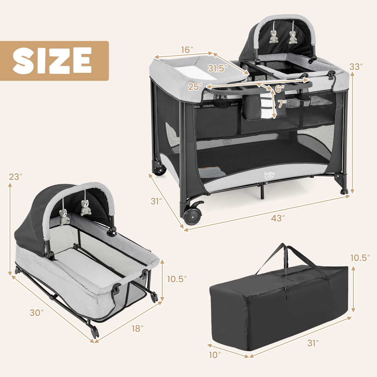 4 in 1 Pack and Play Portable Baby Playard with Changing Table Bassinet Mattress Carry Bag I1001