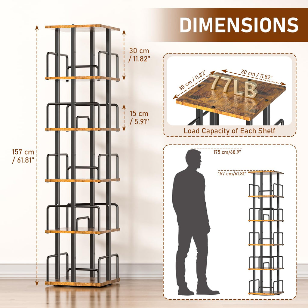 5-Tier Rotating Bookshelf with Metal Guardrails X700