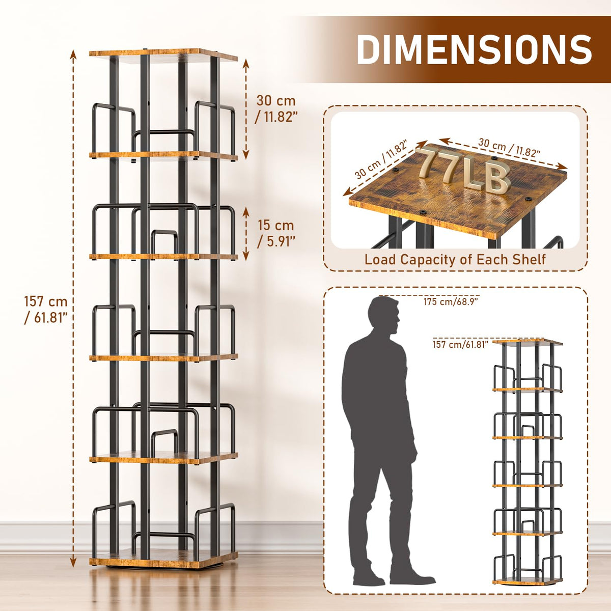 5-Tier Rotating Bookshelf with Metal Guardrails X700