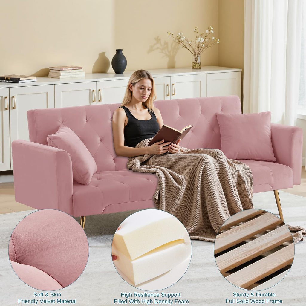Pink Velvet Convertible Sofa Bed J88832