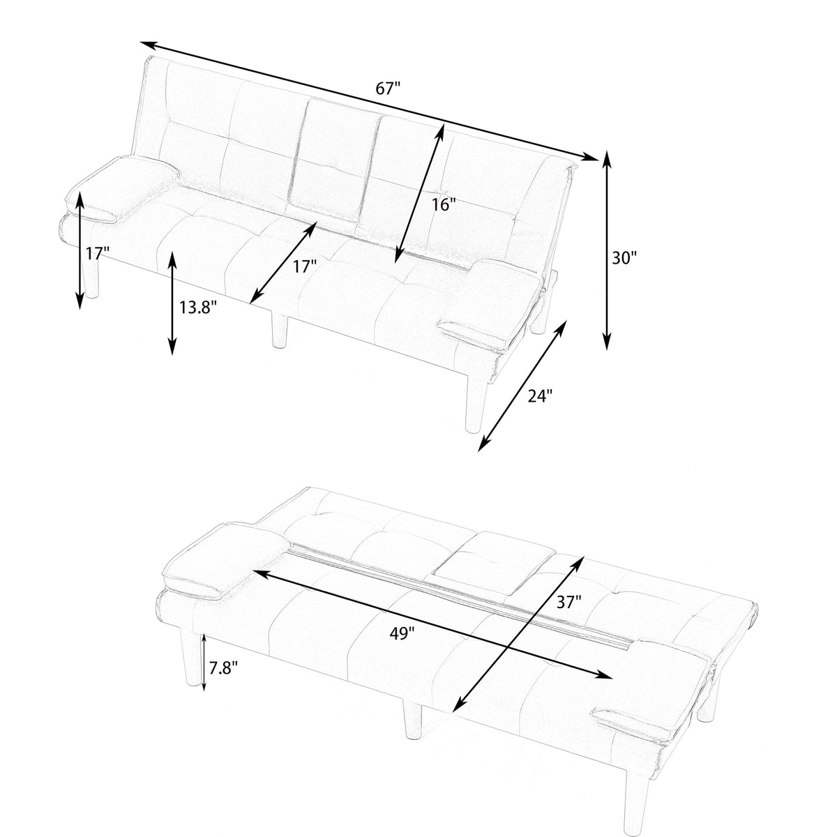 Pink 3 in 1 Convertible Sleeper Sofa Bed with Cup Holder F3659