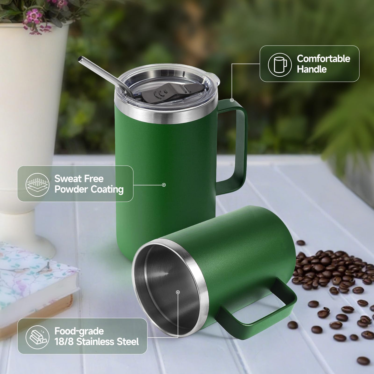 16oz Insulated Stainless Steel Coffee Mug with Lid and Straw Q2487