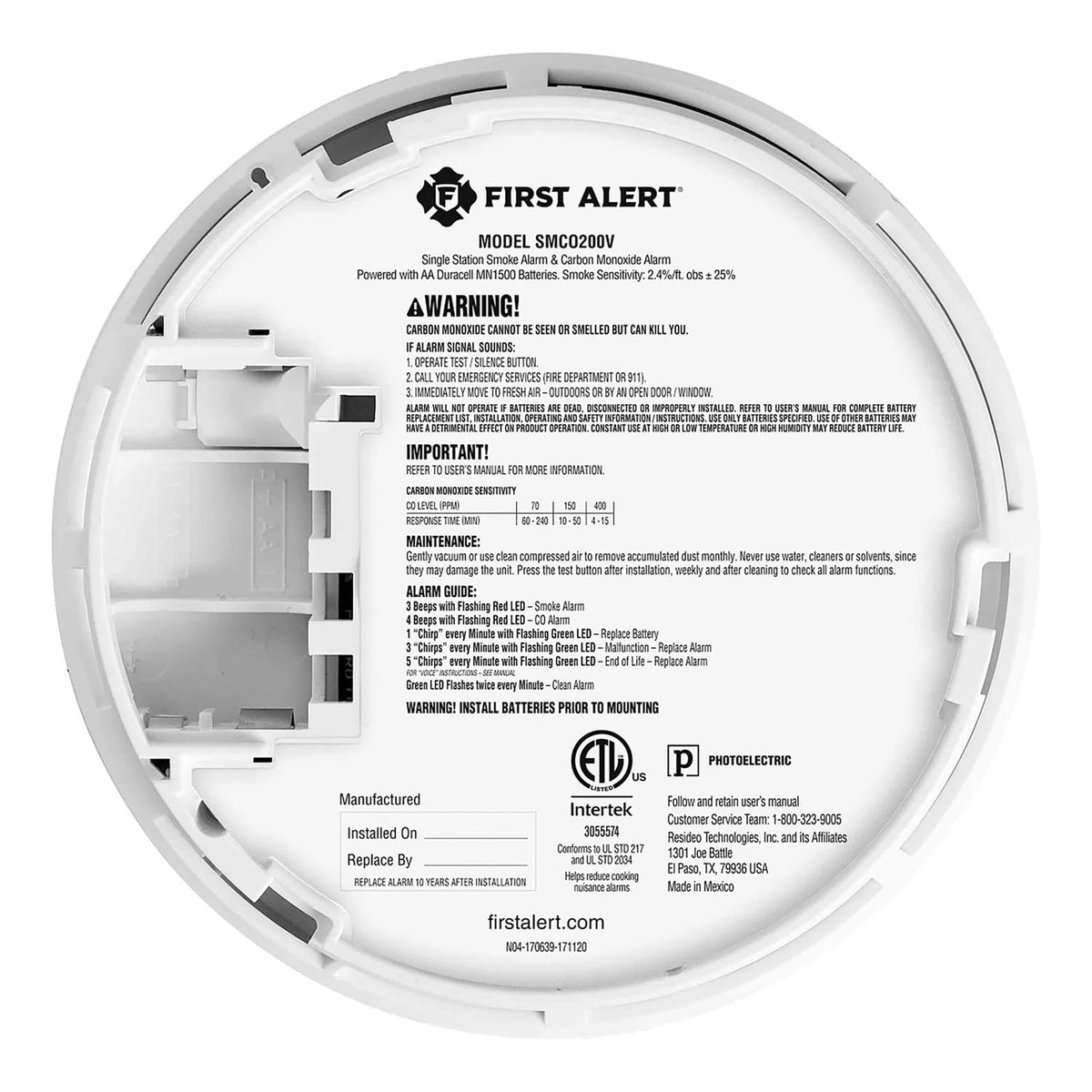 Battery-Powered Photoelectric Smoke and Carbon Monoxide Detector O49450