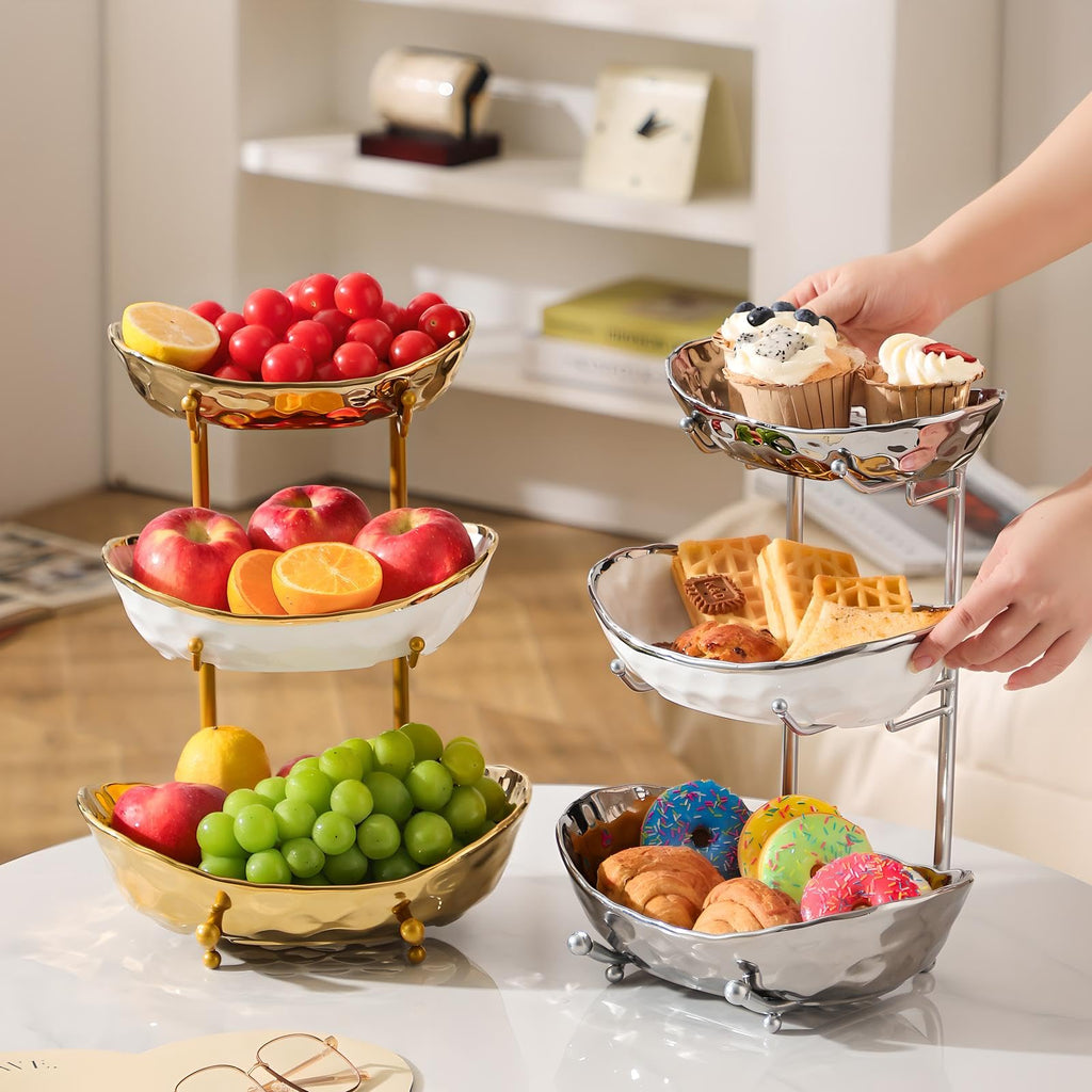 3 Tier Ceramic Fruit Bowl with Metal Holder H559