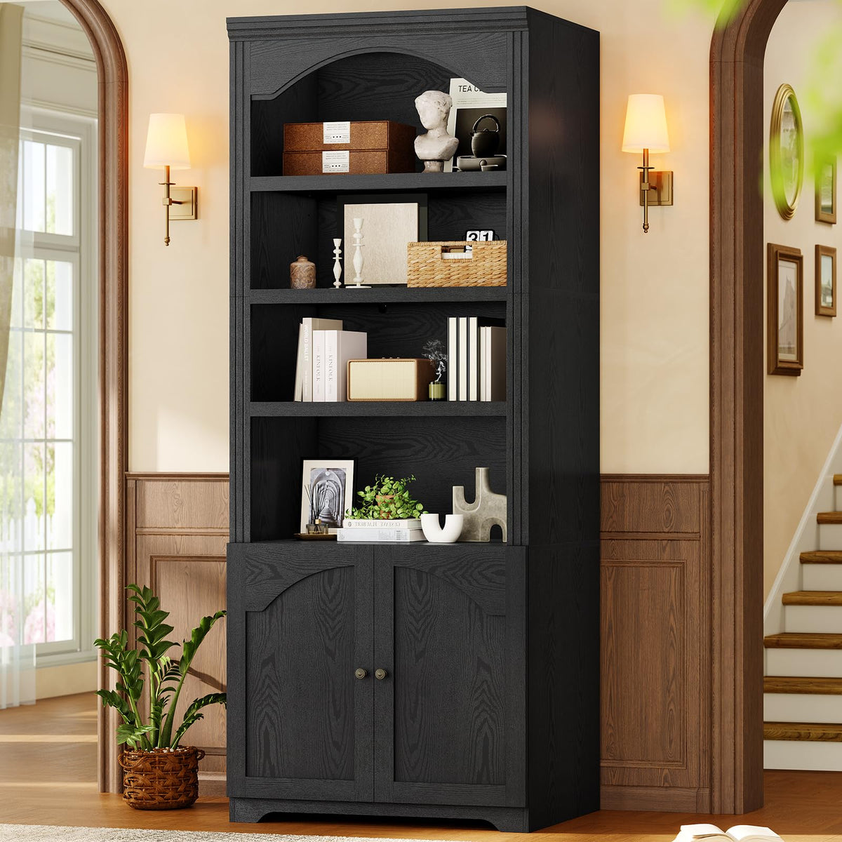 81"x31.4" Arched Bookcase with Adjustable Shelves & Doors X6917