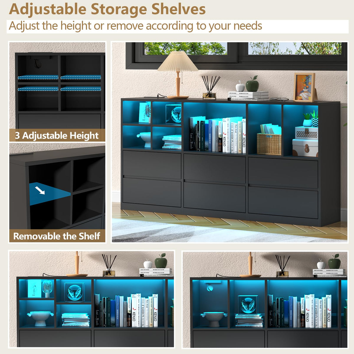 Black 6 Drawers Dresser with Cubbies S5130